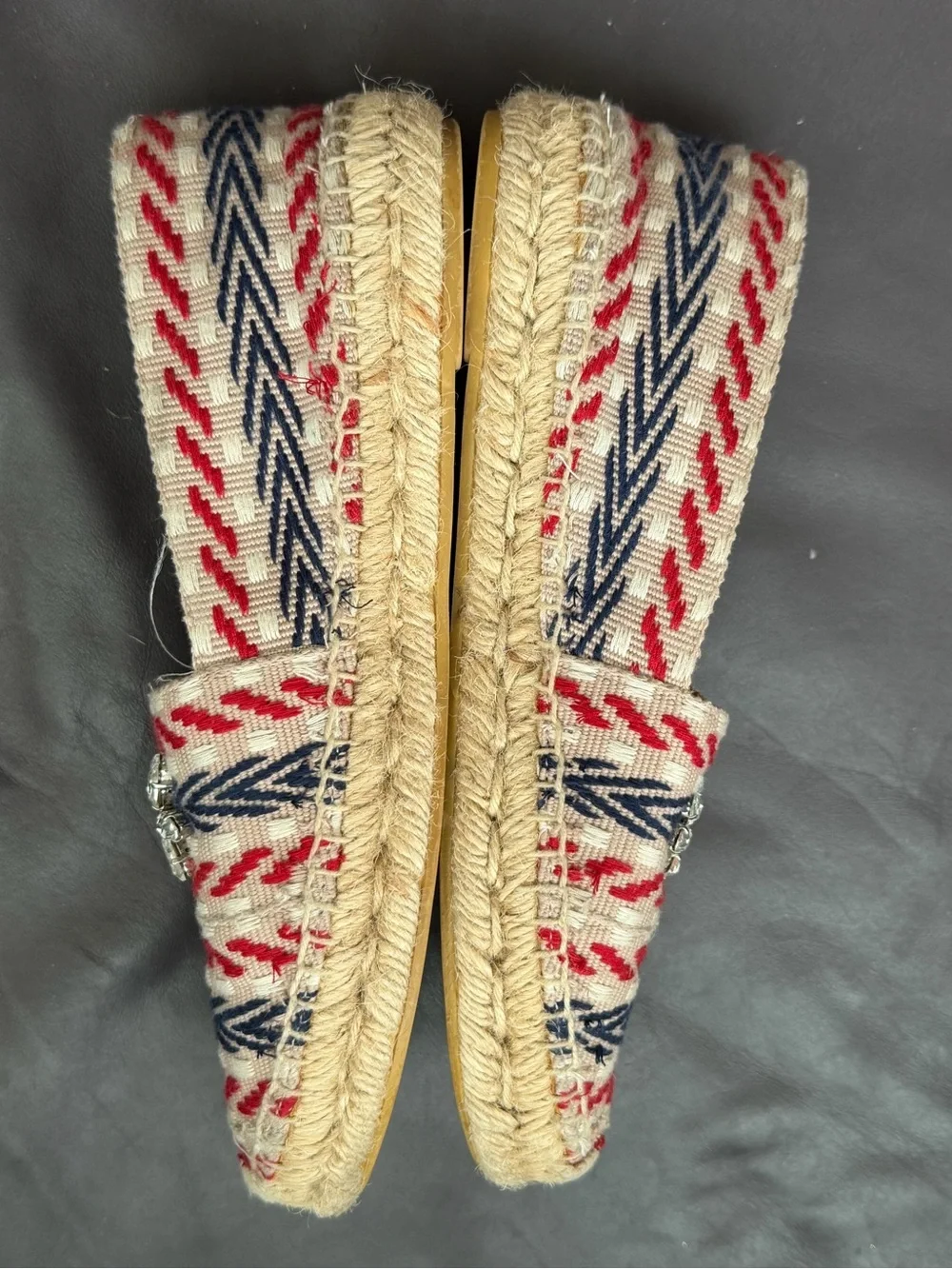 Miu Miu Beige Espadrilles with Red & Navy Stripe and Crystal Brooch 37 Size
